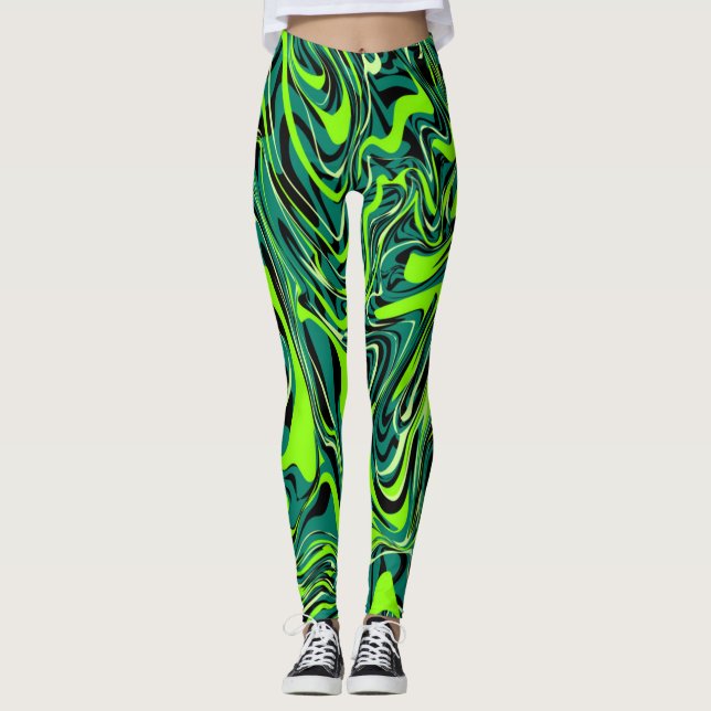 Green liquid abstract painted Leggings (Front)