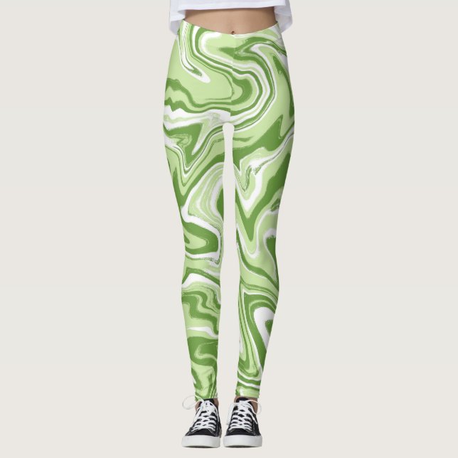 Green Liquid Abstract Wavy Swirl Leggings (Front)