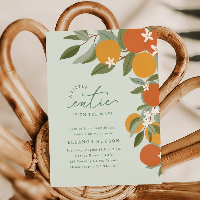 Green Little Cutie Citrus Oranges Baby Shower Invitation ("A little cutie" baby shower invitation with orange tree, blossoms, and green background.)