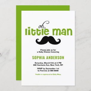 Green Little Man Moustache Baby Shower Invitation