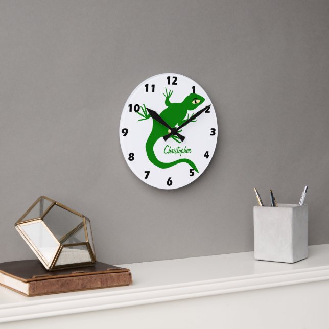 Green Lizard Design Personalised Round Clock (Office)