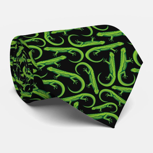 Green Lizard Pattern Tie (Rolled)
