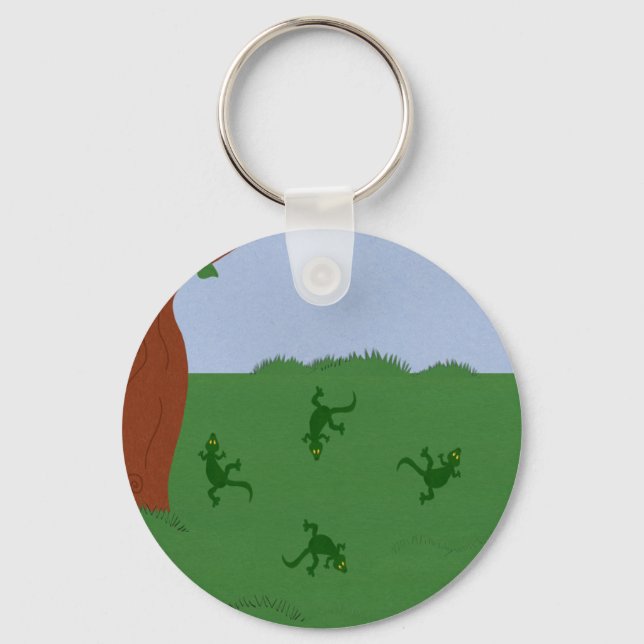 Green Lizards in Grass Cartoon Art Key Ring (Front)