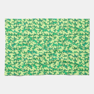 Green lizards on a lime green background tea towel