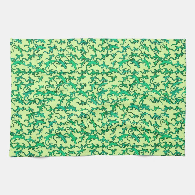 Green lizards on a lime green background tea towel (Horizontal)