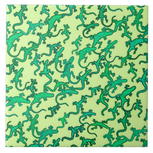 Green lizards on a lime green background tile