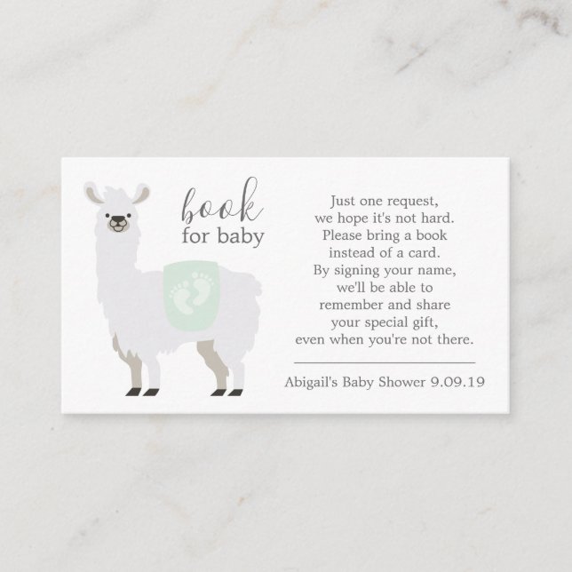 Green Llama Polka Dot Book Request Baby Shower Enclosure Card (Front)