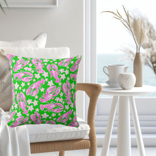 Green Lobster Floral / Preppy Coastal Pink Lobster Cushion