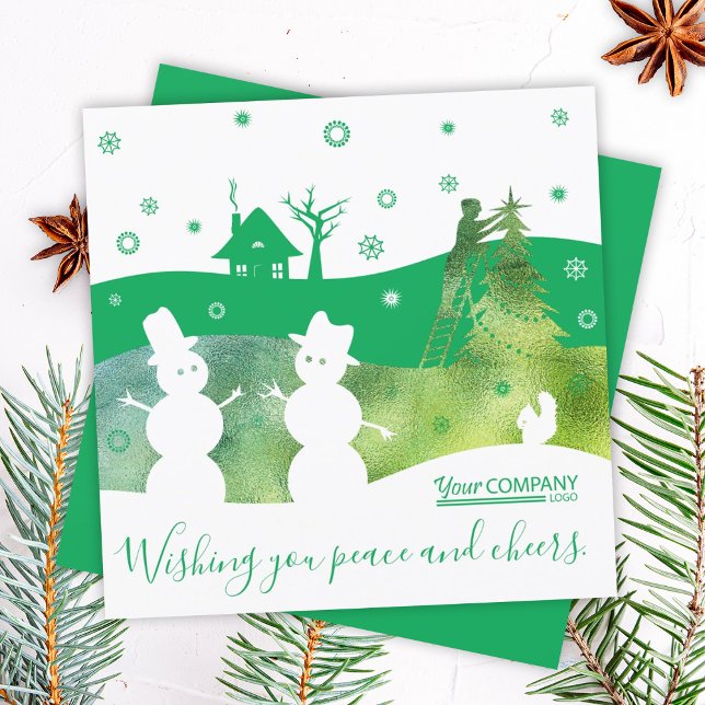Green Logo Company Christmas Snowmen Greeting Card (green company logo christmas cards, snowmen snow village holiday greeting cards, green white snow)