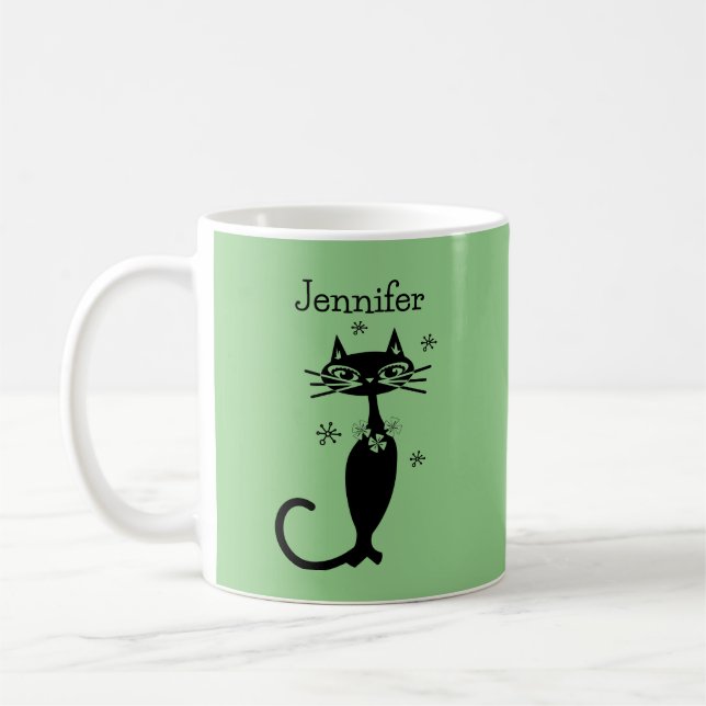 Green Long Necked Cat Retro Coffee Mug (Left)
