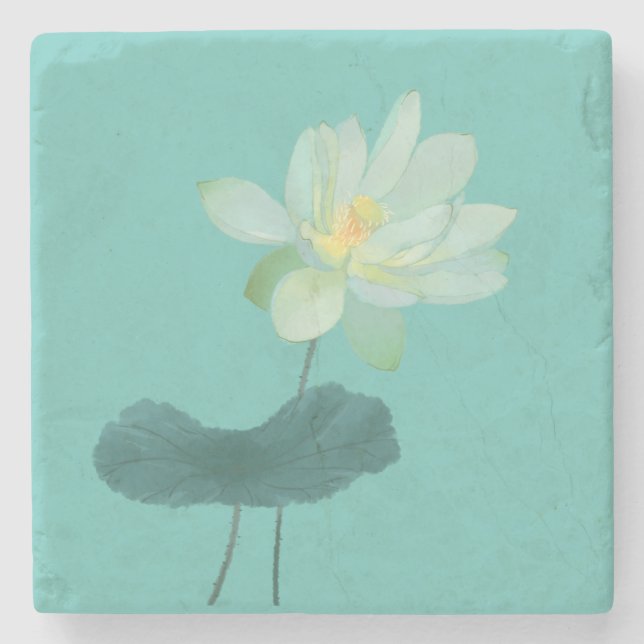 Green Lotus Flower Asian Inspired Stone Coaster (Front)