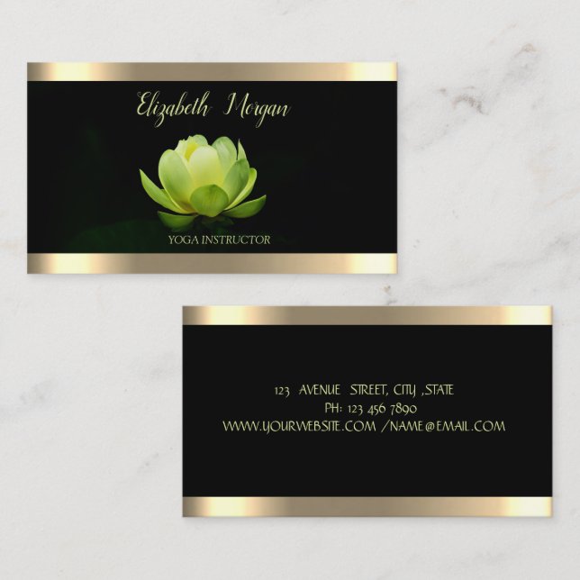 Green Lotus Flower Gold Stripe Black Yoga  Business Card (Front/Back)