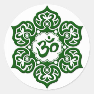 Green Lotus Flower Om on White Classic Round Sticker
