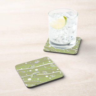 Green Lotus Flowers on Olive Stripes Coaster