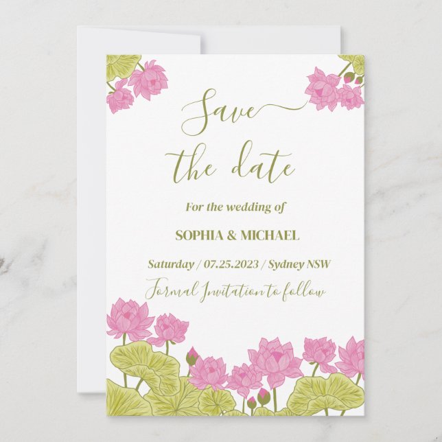 Green Lotus Lily Flowers Wedding Indian save date Invitation (Front)