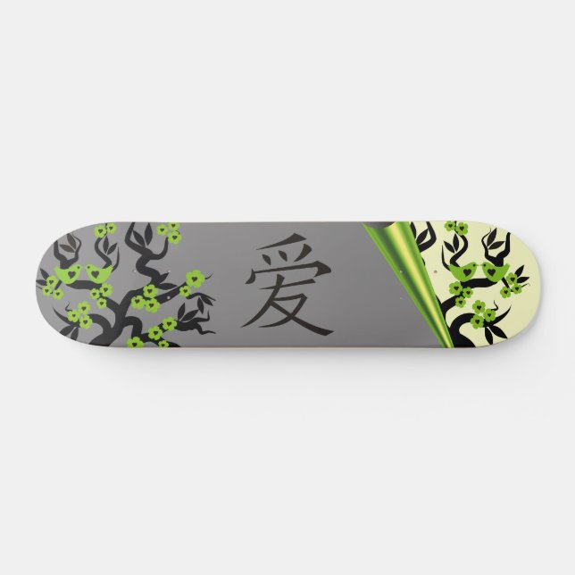 Green Love Birds Sakura Tree Chinese Love Symbol  Skateboard (Horz)
