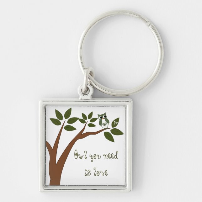 Green Love Owl In Tree Key Ring (Front)