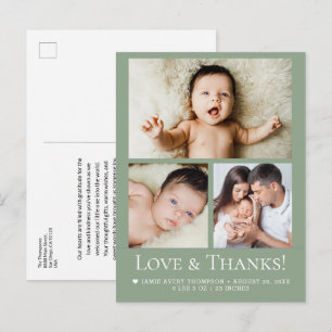 Green Love & Thanks Baby Photo Birth announcement Postcard