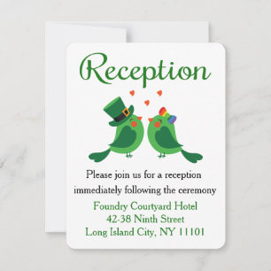 Green Lovebirds, Shamrock Wedding Reception Card