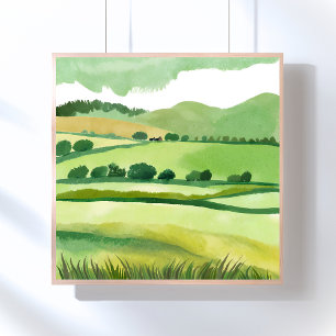 Green Lucious Hillside Nature Watercolor Poster