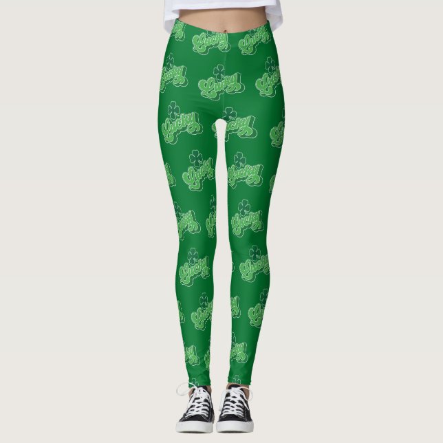 Green Lucky Clover Leaf St. Patrick's Day Leggings (Front)