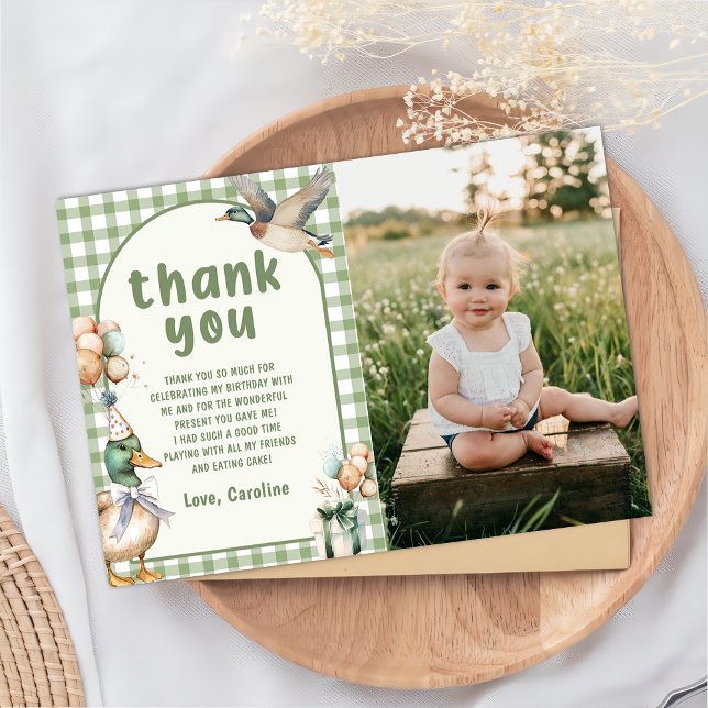 Green Lucky Duck Balloon Birthday Thank You Card  (Creator Uploaded)