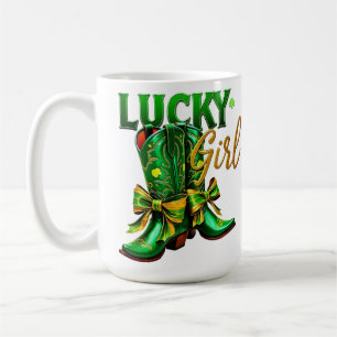 GREEN LUCKY GIRL WITH SHINY WESTERN BOOTS COFFEE MUG