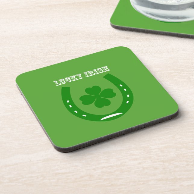 Green Lucky Horseshoe with 4 leaf shamrock Coaster (Left Side)