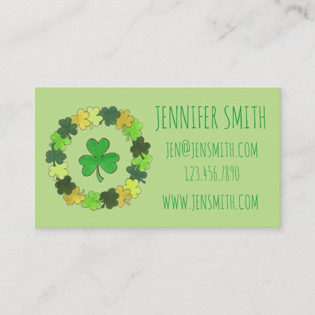Green Lucky Irish Shamrock Clover Wreath St. Paddy Business Card (Front)