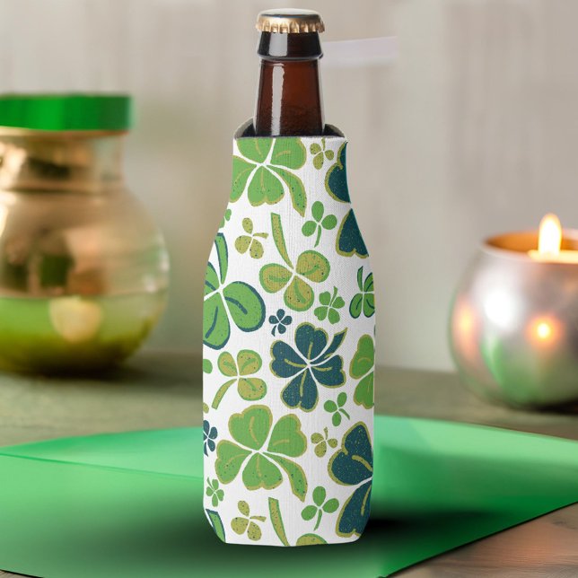 Green Lucky Shamrocks Clover St. Patrick`s Day  Bottle Cooler (Creator Uploaded)