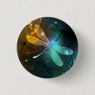 Green luminous dragonfly flight 3 cm round badge