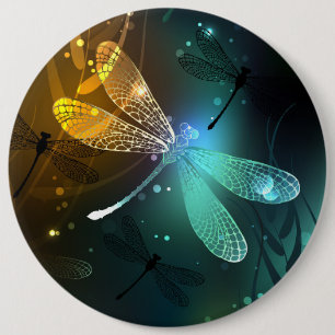 Green luminous dragonfly flight 6 cm round badge