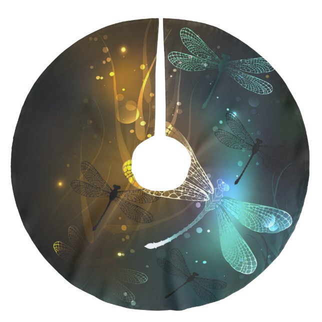 Green luminous dragonfly flight brushed polyester tree skirt (Front)