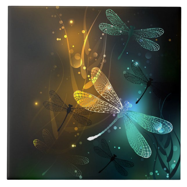 Green luminous dragonfly flight ceramic tile (Front)