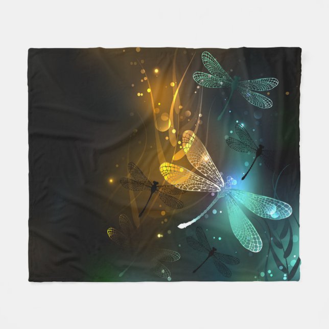 Green luminous dragonfly flight fleece blanket (Front (Horizontal))