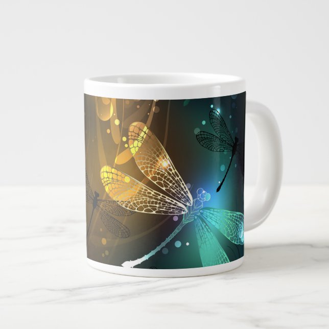 Green luminous dragonfly flight large coffee mug (Front Right)