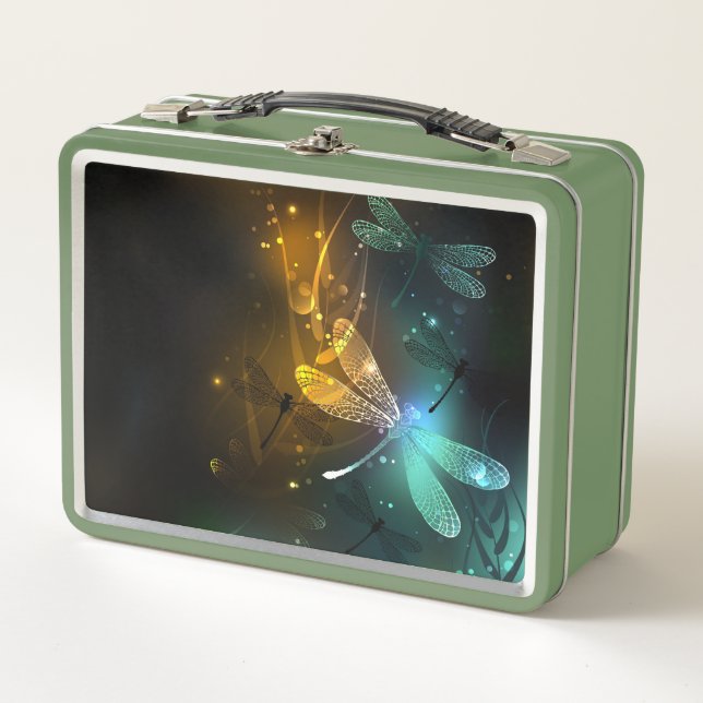 Green luminous dragonfly flight metal lunch box (Front)