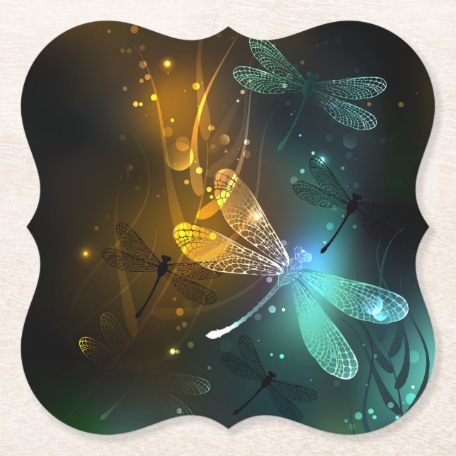 Green luminous dragonfly flight paper coaster (Front)