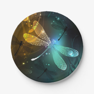 Green luminous dragonfly flight paper plate