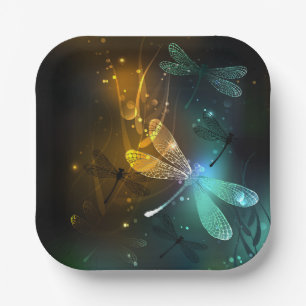 Green luminous dragonfly flight paper plate