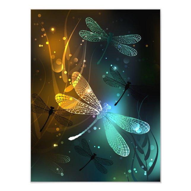 Green luminous dragonfly flight photo print (Front)