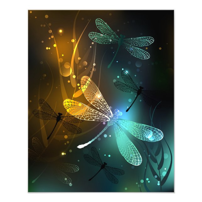 Green luminous dragonfly flight photo print (Front)