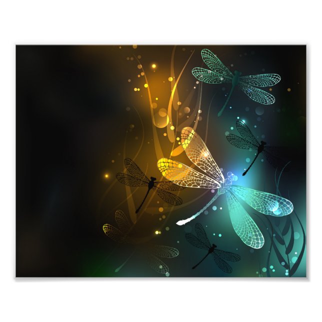 Green luminous dragonfly flight photo print (Front)
