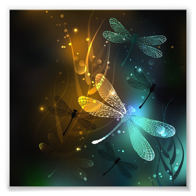 Green luminous dragonfly flight photo print (Front)