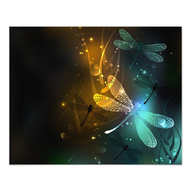 Green luminous dragonfly flight photo print (Front)