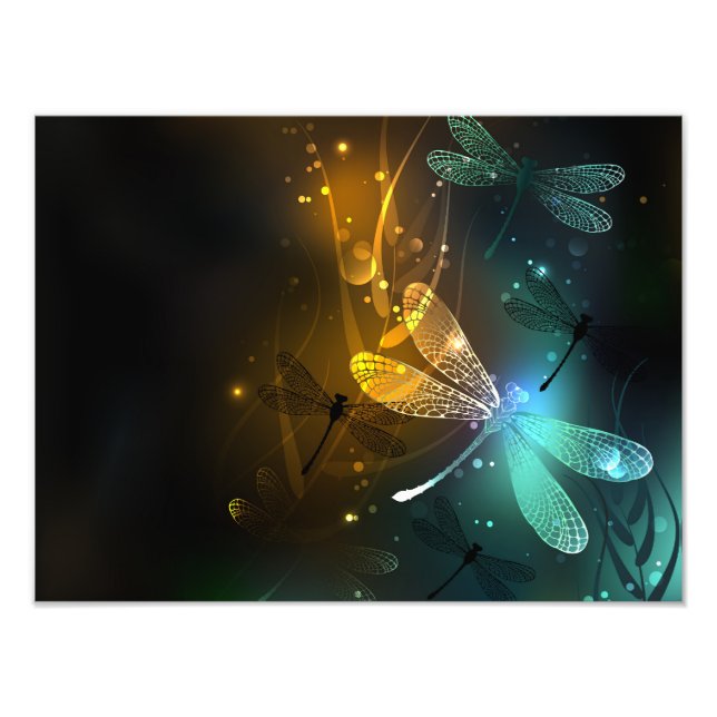 Green luminous dragonfly flight photo print (Front)