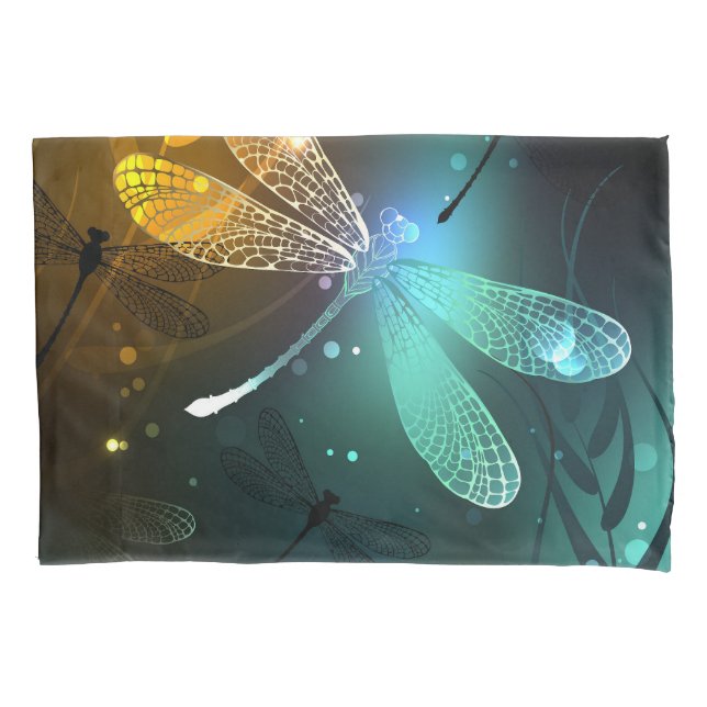 Green luminous dragonfly flight pillowcase (Front-Left)