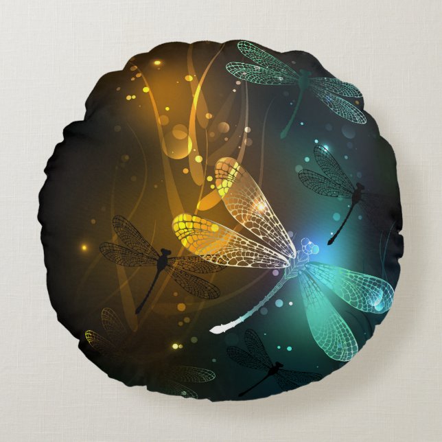 Green luminous dragonfly flight round cushion (Front)