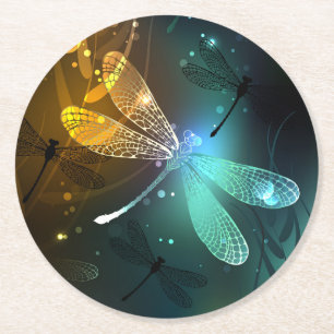 Green luminous dragonfly flight round paper coaster