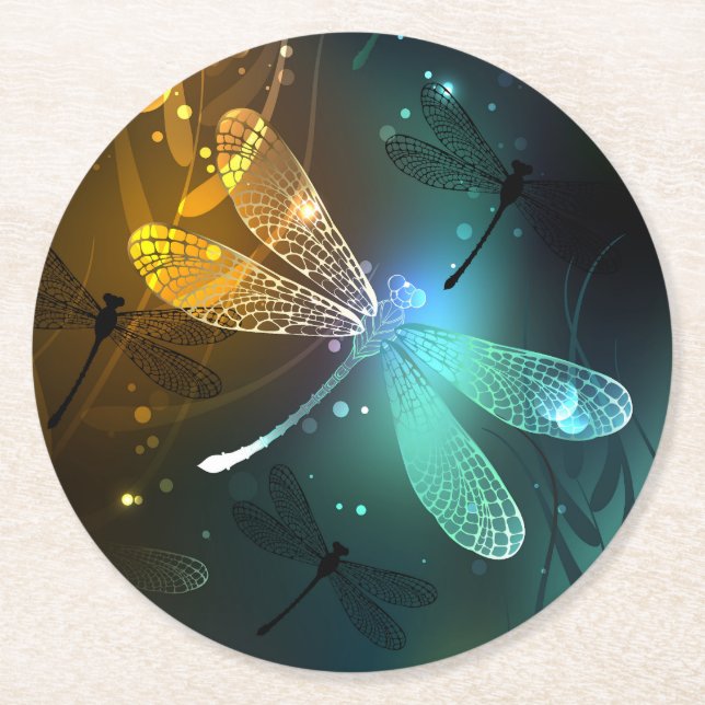 Green luminous dragonfly flight round paper coaster (Front)